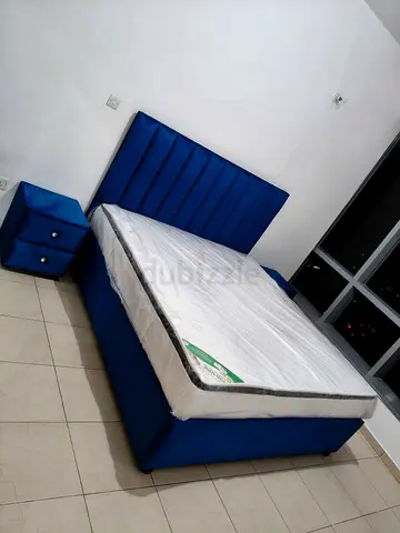 Blue Upholstered Double Bed with Mattress and Matching Nightstand