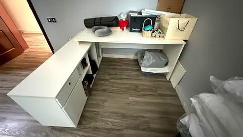 White L-shaped Office Desk with Storage Cabinets Gaming