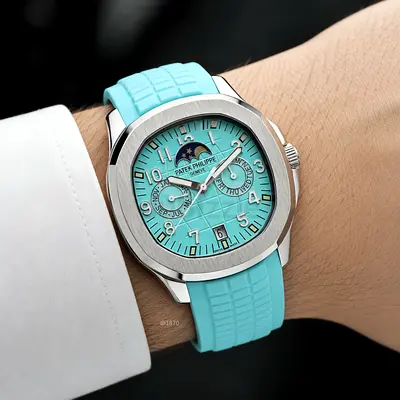 Patek Philippe-style Aqua Blue Sport Watch with Moonphase