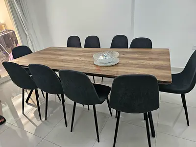 Wooden 10-Seater Dining Table with Upholstered Chairs