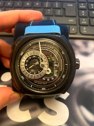 SevenFriday-style Automatic Men’s Watch with Black Case and Blue-Stitched Leather Strap