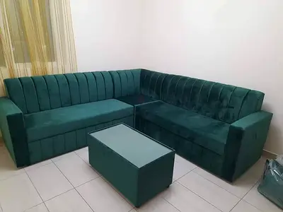 Green Velvet L-shaped Sectional Sofa with Storage Ottoman - Good quality