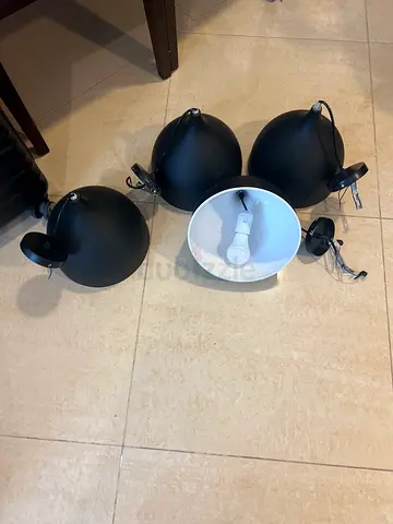 Set of 4 Black Pendant Light Shades with Bulbs - Good Condition