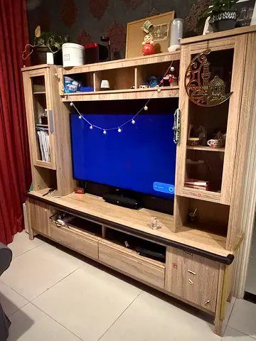 Wooden Entertainment Center with Glass Cabinets and Storage giving away (tv not included)