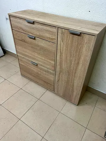 Light Oak Shoe Cabinet with 3 Drawers and Side Cupboard