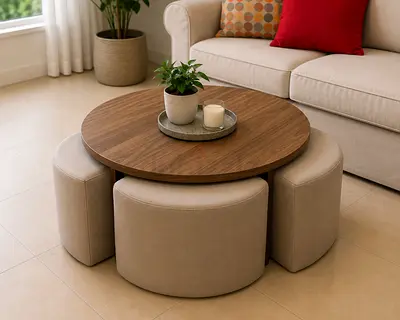 4-Pull-Out Stool Coffee Table
A stylish round coffee table with 4 hidden, upholstered pull-out stool