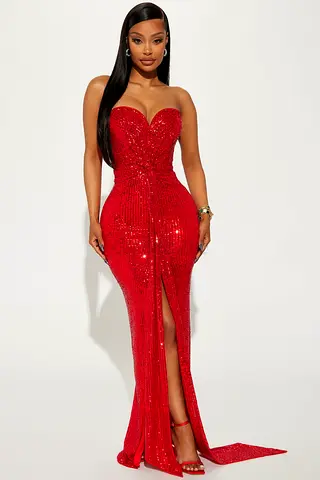 FASHIONOVA Red Sequin Evening Gown with Front Slit