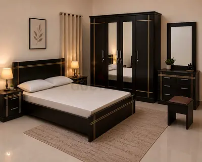 5-piece Black Bedroom Set with Mirrored Wardrobe and Dresser