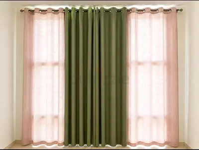 Set of 4 Grommet Curtains – Olive Green blackout panel with 2 light-brown sheer panels