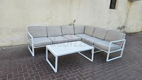 White Aluminum Outdoor L-Shaped Sofa Set with Cushions and Coffee Table