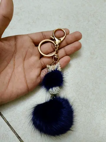 Navy Blue Faux Fur Pom Pom Keychain with Crystal Accent