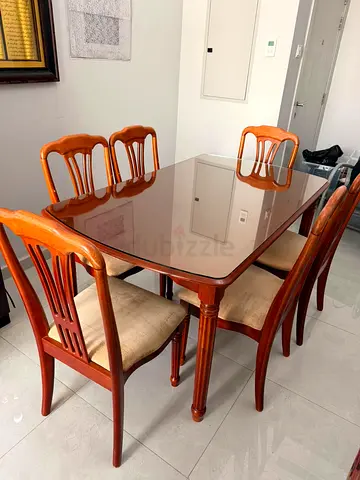 Solid Wood 6-Seater Dining Table with Glass Top and Chairs