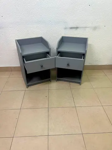 Pair of grey bedside cabinets with drawer and shelf