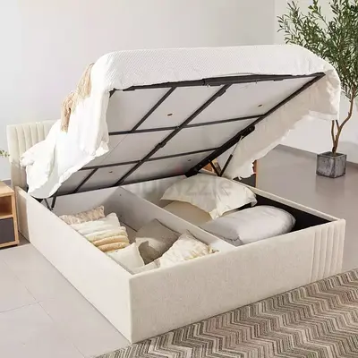 Beige boucle queen size hydraulic storage bed