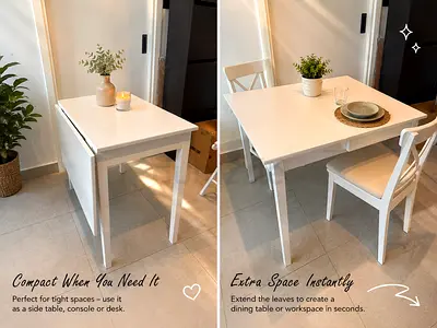 White IDANÄS drop-leaf desk / table with drawer, 51/86x96 cm