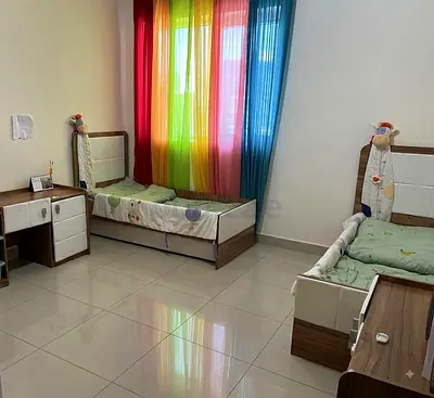 Twin nursery furniture set - 2 beds with headboards, dresser and bedside storage