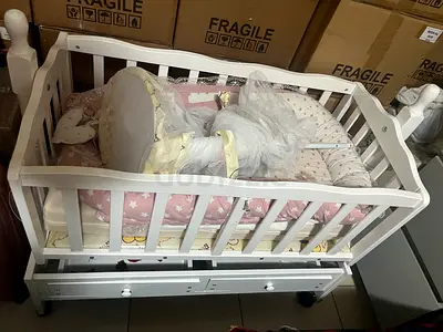 White Wooden Baby Crib with Mattress - Good Condition