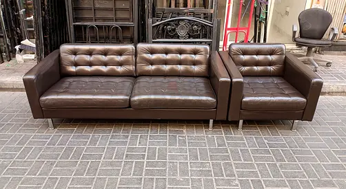 Brown Leather 3-Seater Sofa with Matching Armchair - Modern Tufted Set