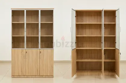 Oak Finish  3 Door Office Storage Cabinet with Glass Upper Doors