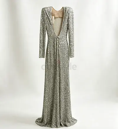 ZARA Silver Sequin Long Evening Gown with Deep V Back
