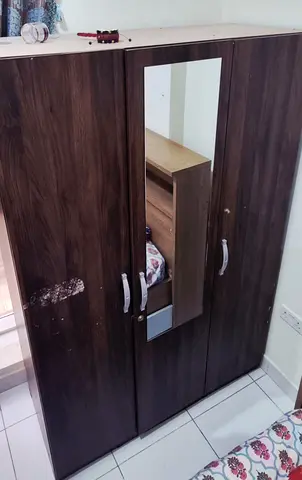 Used 3-Door Wooden Wardrobe with Mirror - Dark Brown