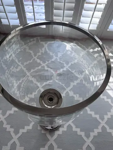 Large Clear Glass Hurricane Candle Holder with Metal Rim.