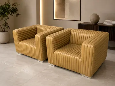 Pair of Modern Tan Ribbed Leather Armchairs