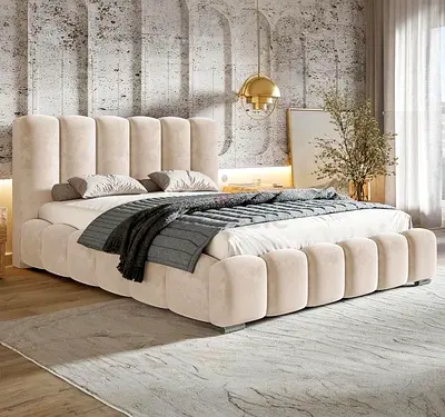 Modern Plush Beige Upholstered King Bed with Padded Headboard. 10% Off Direct Factory Price