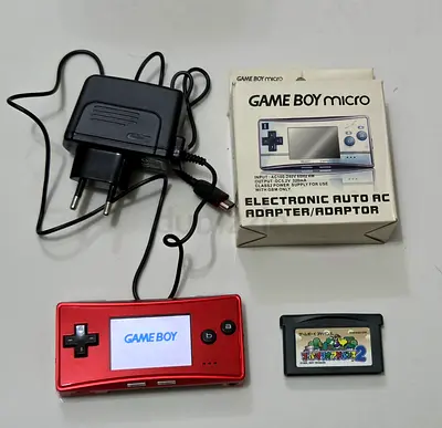 Red Nintendo Game Boy Micro with Charger and Mario Kart Advance 2