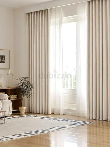 Beige Floor-to-Ceiling Curtains with Sheer Panels - Set only par meter 55 dh each