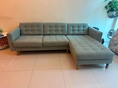 Light green L-Shaped Fabric Sofa with Chaise - Good Condition