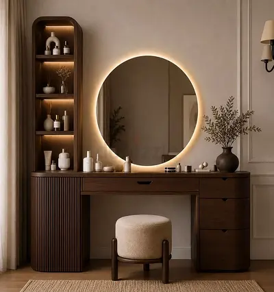 Dark Wood Vanity Table with LED Round Mirror and Shelving