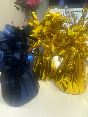 Set of 2 Metallic Balloon Weights (Gold & Blue, silver slightly torn ) - used once