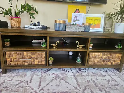 Wooden TV Entertainment Unit with Woven Drawers - Good Condition