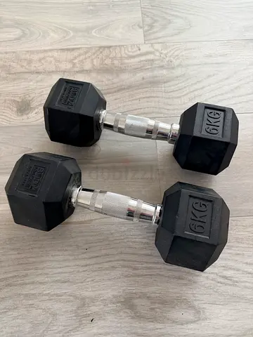 Pair of 6 kg Hex Rubber Dumbbells — Excellent Condition