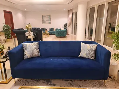 Blue Velvet one 3-Seater Sofa and two 2-seater sofa with Gold Legs - Excellent Condition