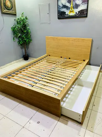 Queen size wooden bed frame with under-bed drawers - light oak finish
