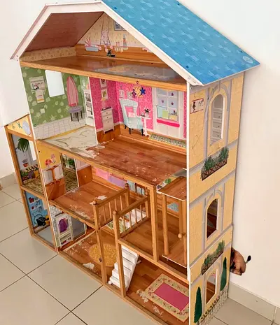 Wooden 3-Storey Dollhouse with Furniture Spaces — Good Condition