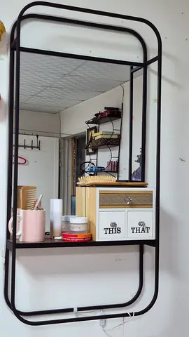 Black Metal Wall Mirror with Shelf - Slim Modern Design