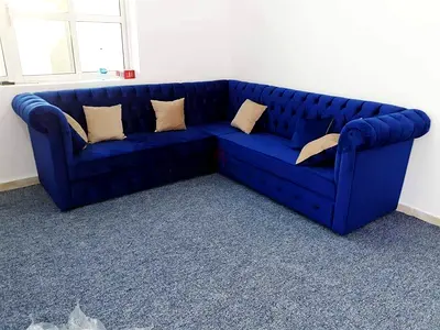 Blue Velvet L-shape Chesterfield Corner Sofa - Good quality