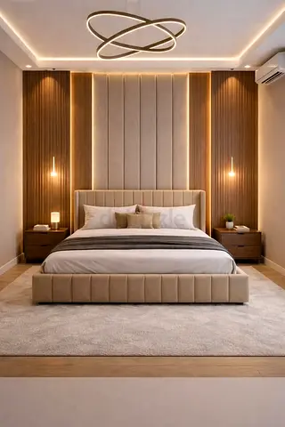 Modern upholstered bed frame with padded headboard