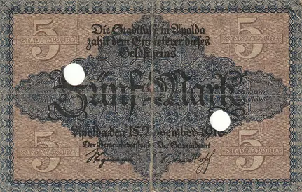 GERMANY 5 MARK BANKNOTE (APOLDA) 1918