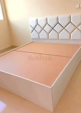 New King size platform bed frame with upholstered headboard - white