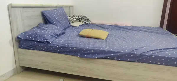 King size Wooden Bed Frame with medicated mattress in Light Oak Finish - Good Condition
