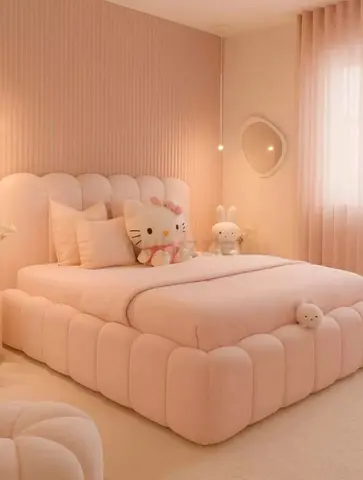 Soft Pink Upholstered Children's Bed with Padded Frame