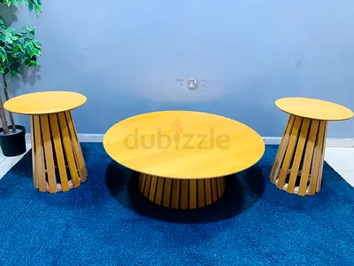 Modern round wooden coffee table with two matching side tables - set of 3