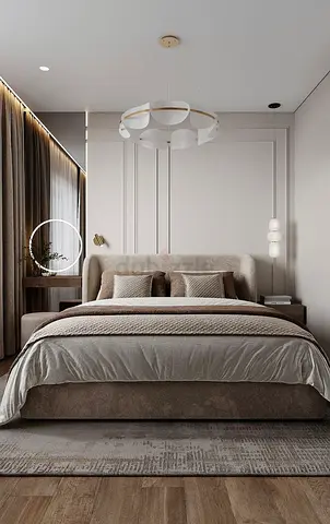 King size upholstered bed frame with headboard in beige