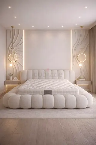 Modern Cream Upholstered Platform Bed with Padded Headboard for luxury life