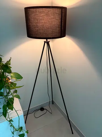 Black Tripod Floor Lamp with Fabric Shade - Good Condition