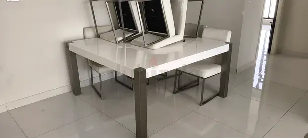 White High-Gloss Dining Table with Stainless Steel Legs - 8 Seater